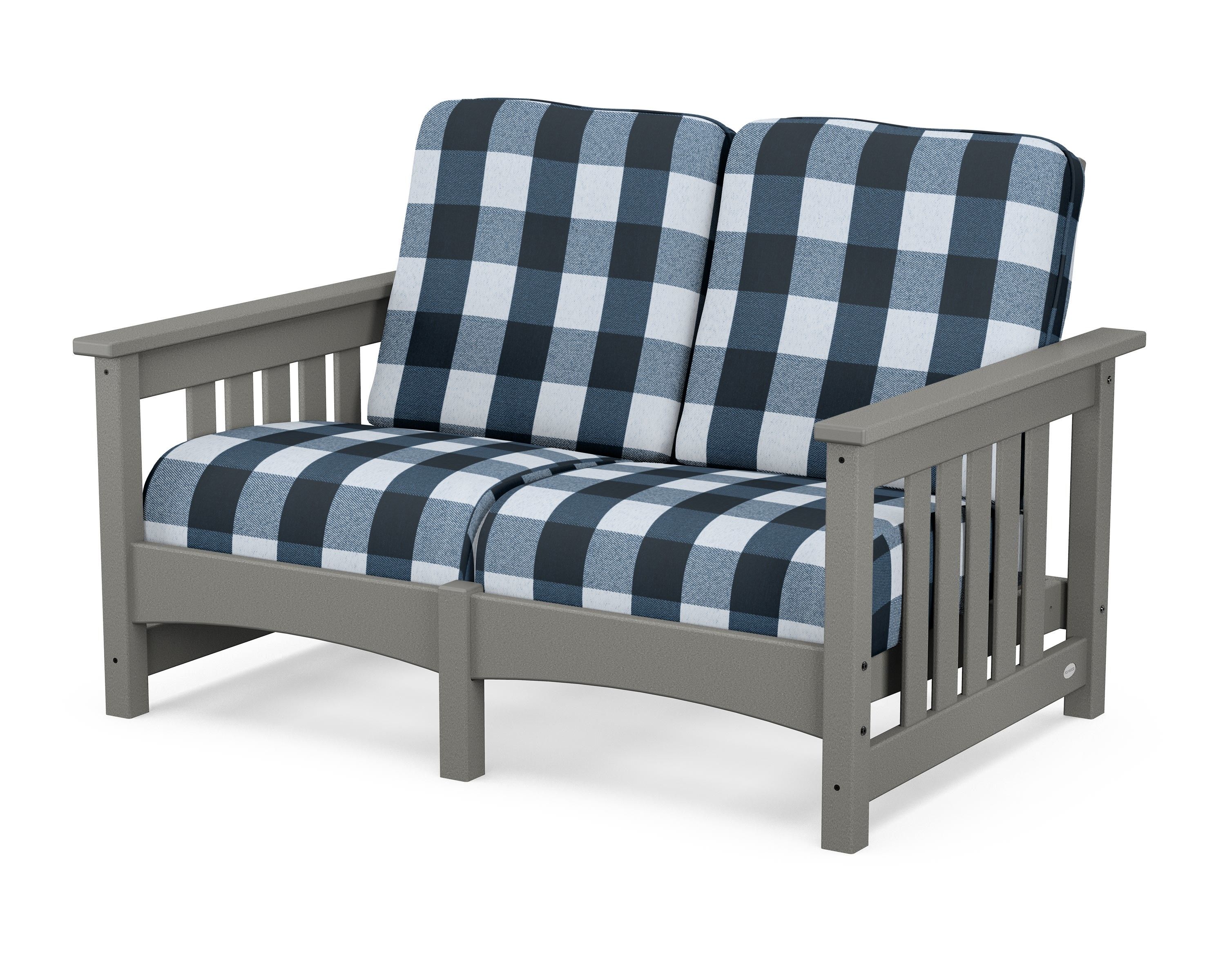 POLYWOOD® Club Mission Loveseat in Slate Grey / Buffalo Plaid Marine Indigo