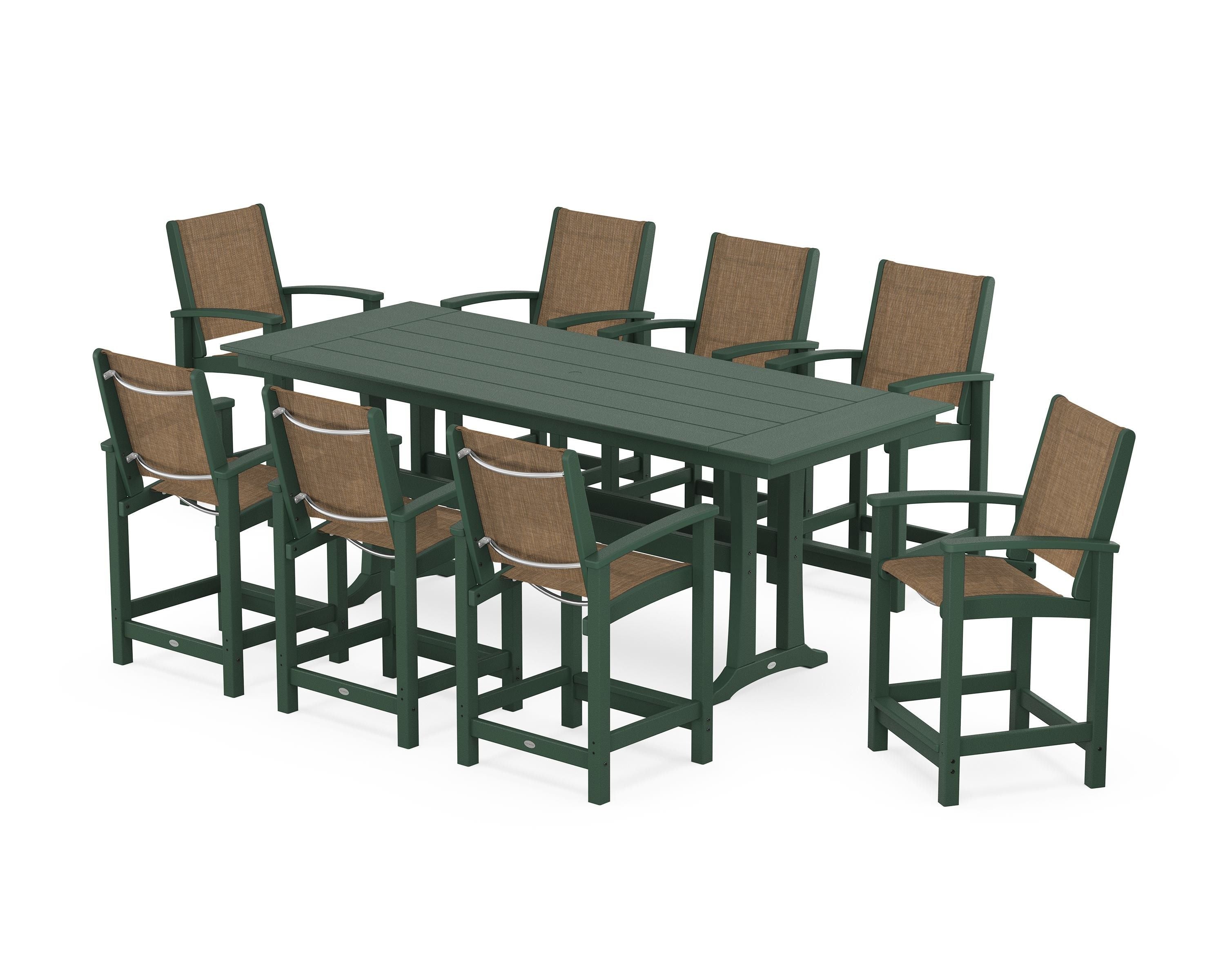 POLYWOOD® Coastal 9-Piece Farmhouse Counter Set with Trestle Legs in Green / Burlap Sling