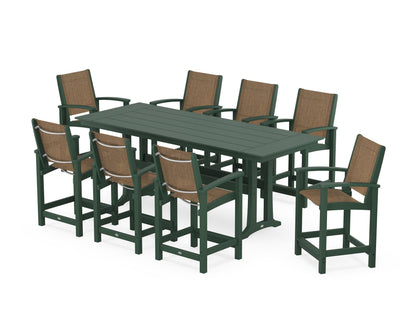 POLYWOOD® Coastal 9-Piece Farmhouse Counter Set with Trestle Legs in Green / Burlap Sling