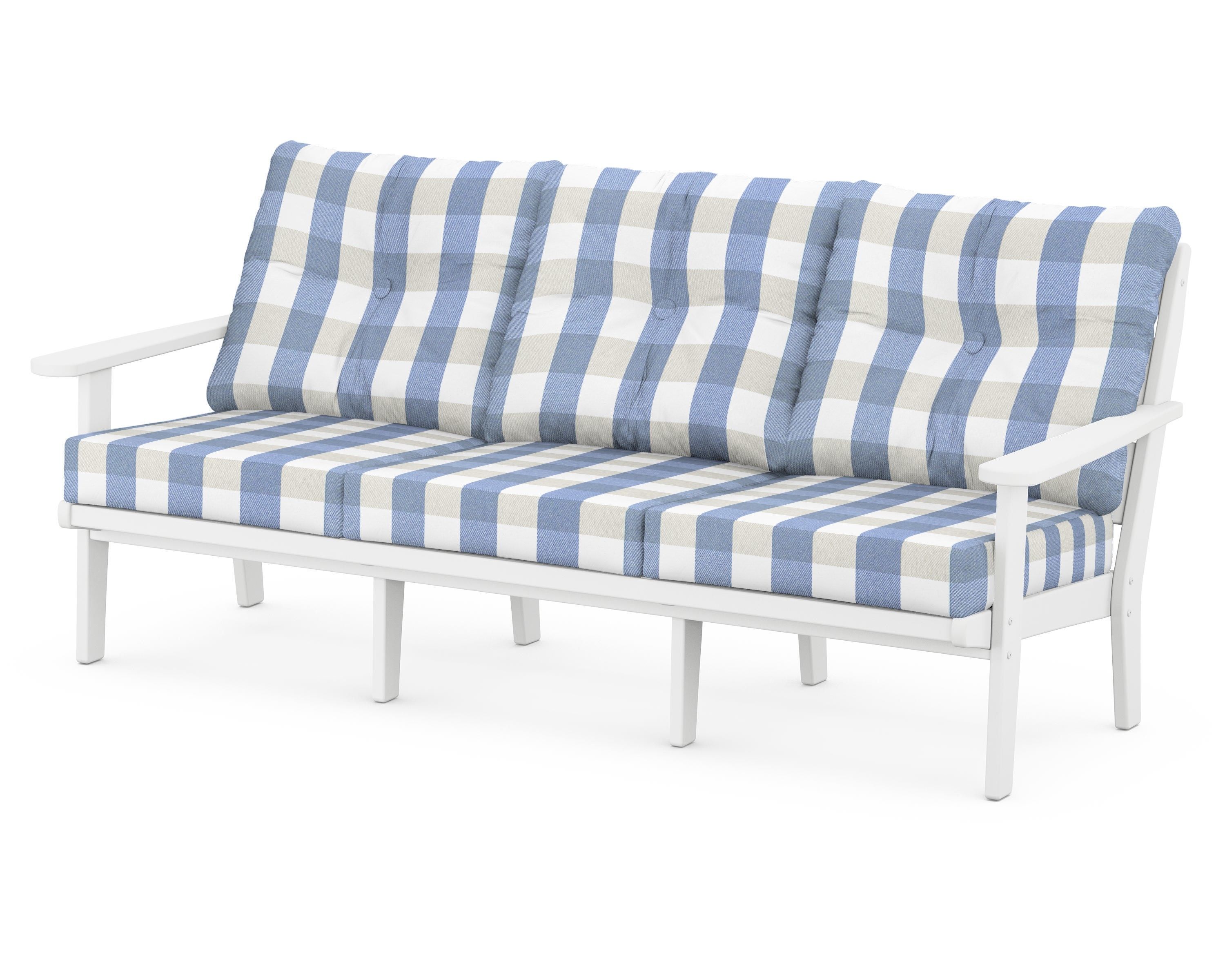 POLYWOOD® Lakeside Deep Seating Sofa in White / Buffalo Plaid Sky Blue