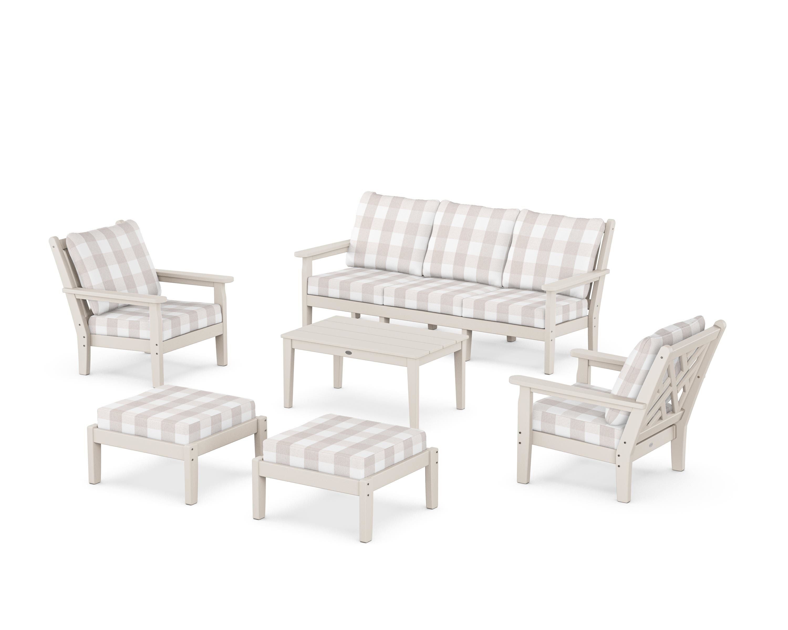 POLYWOOD® Chippendale 6-Piece Lounge Sofa Set in Sand / Buffalo Plaid Dune Burlap