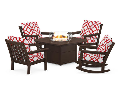 POLYWOOD® Vineyard 5-Piece Deep Seating Rocking Chair Conversation Set with Fire Pit Table in Mahogany / Trellis Crimson