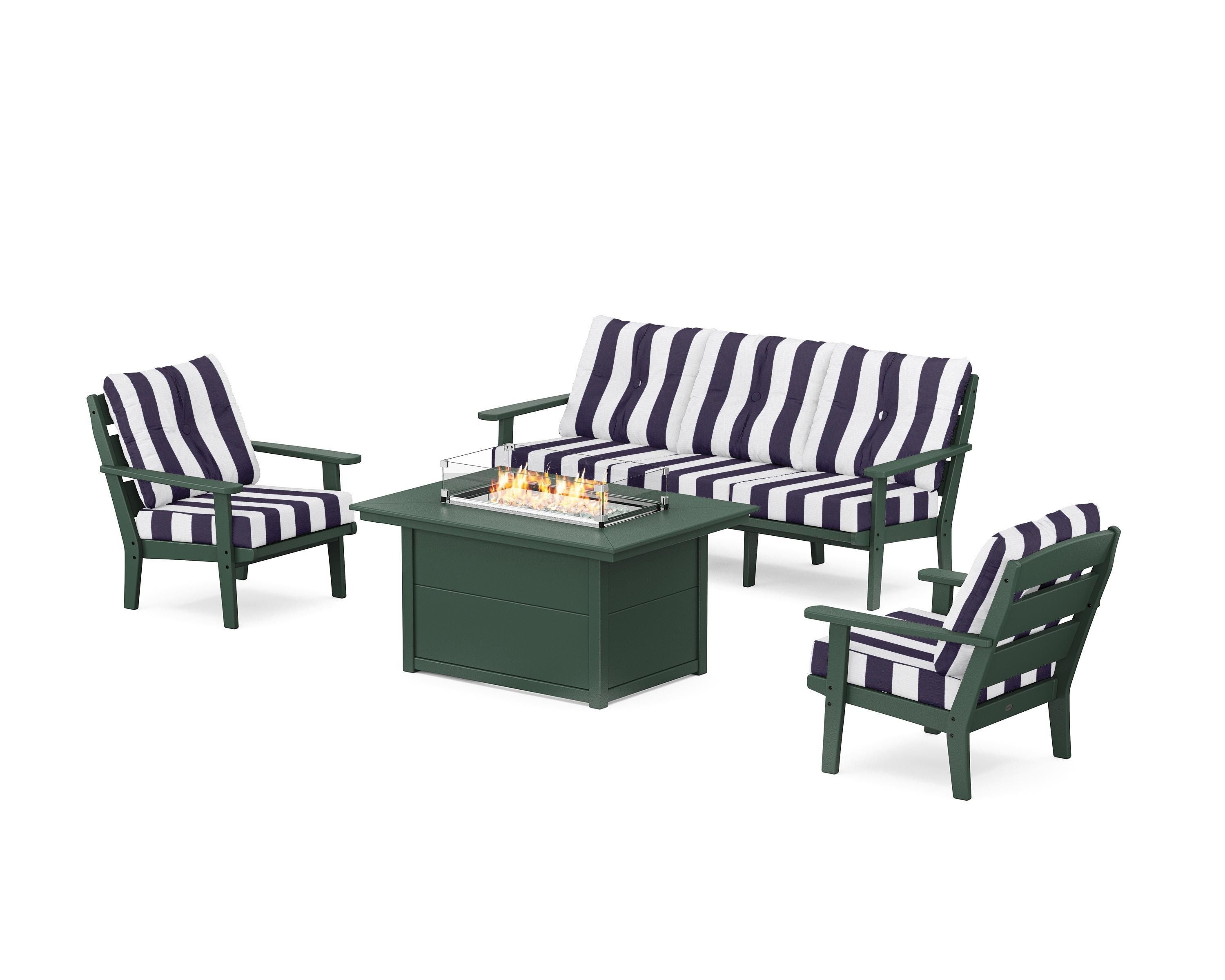 POLYWOOD® Lakeside Deep Seating Fire Pit Table Set in Green / Cabana Stripe Navy