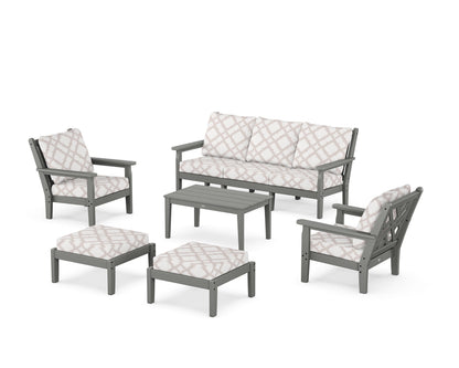 POLYWOOD® Chippendale 6-Piece Lounge Sofa Set in Slate Grey / Trellis Dune Burlap