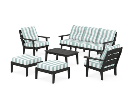 POLYWOOD® Lakeside 6-Piece Lounge Sofa Set in Black / Cabana Stripe Glacier Spa