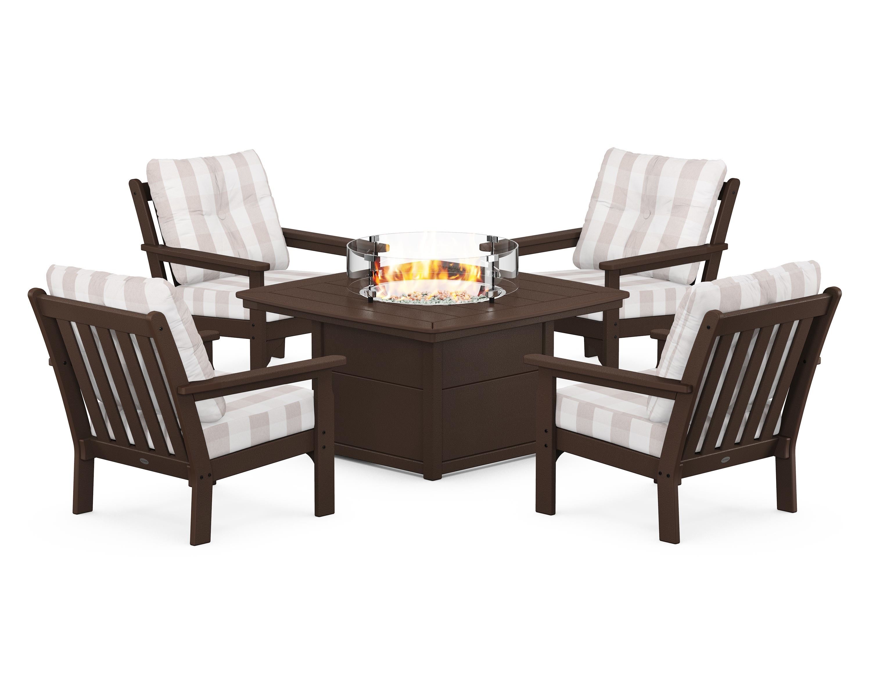 POLYWOOD® Vineyard 5-Piece Conversation Set with Fire Pit Table in Mahogany / Buffalo Plaid Dune Burlap