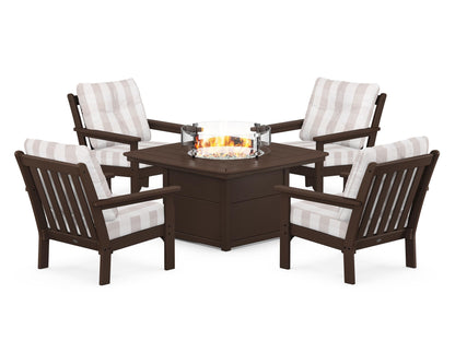 POLYWOOD® Vineyard 5-Piece Conversation Set with Fire Pit Table in Mahogany / Buffalo Plaid Dune Burlap
