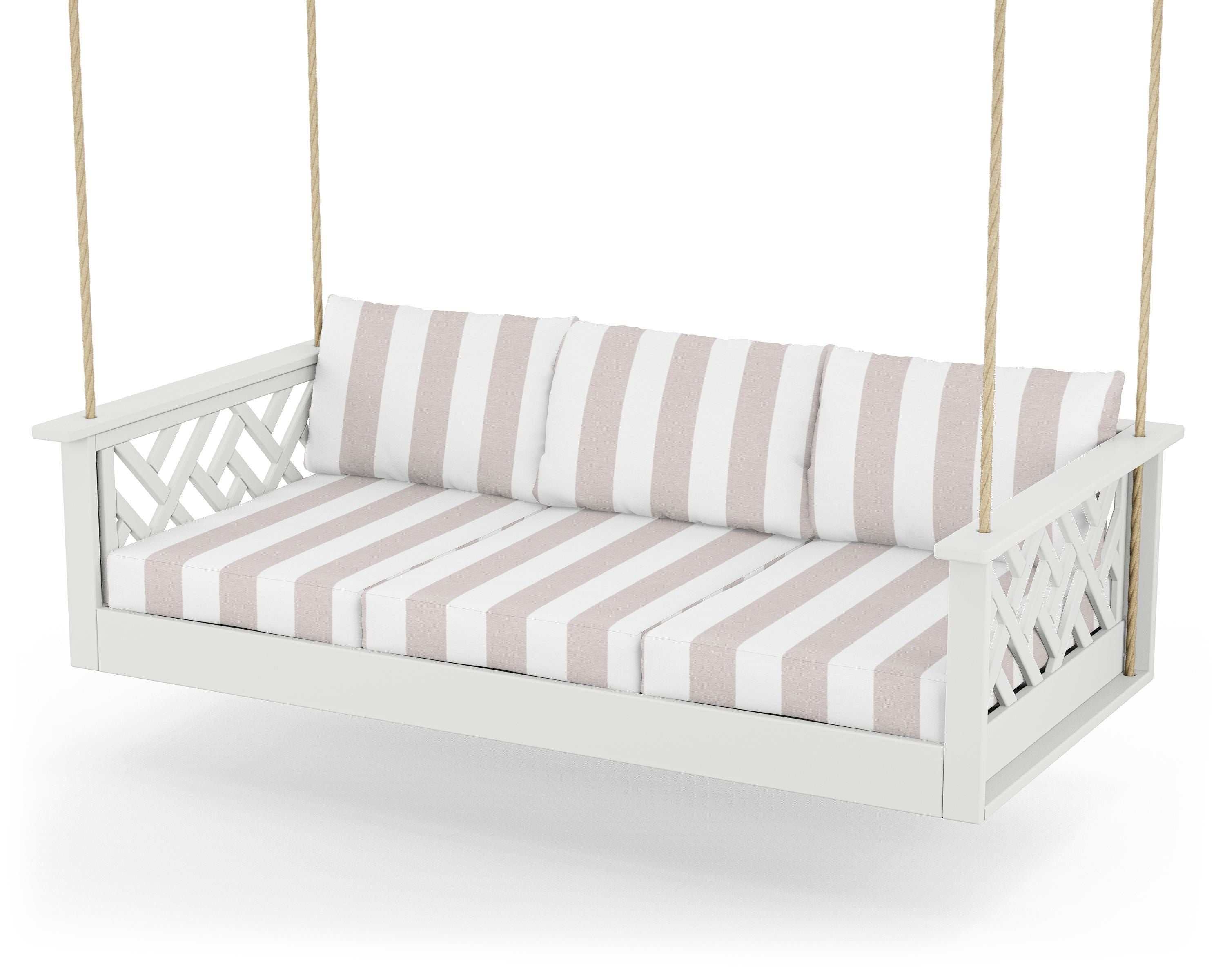 POLYWOOD® Chippendale Daybed Swing in White / Cabana Stripe Dune Burlap
