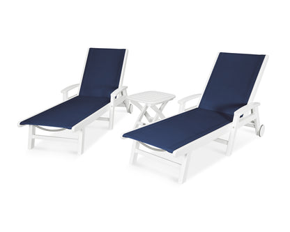 POLYWOOD® Coastal 3-Piece Wheeled Chaise Set in White / Navy Blue Sling