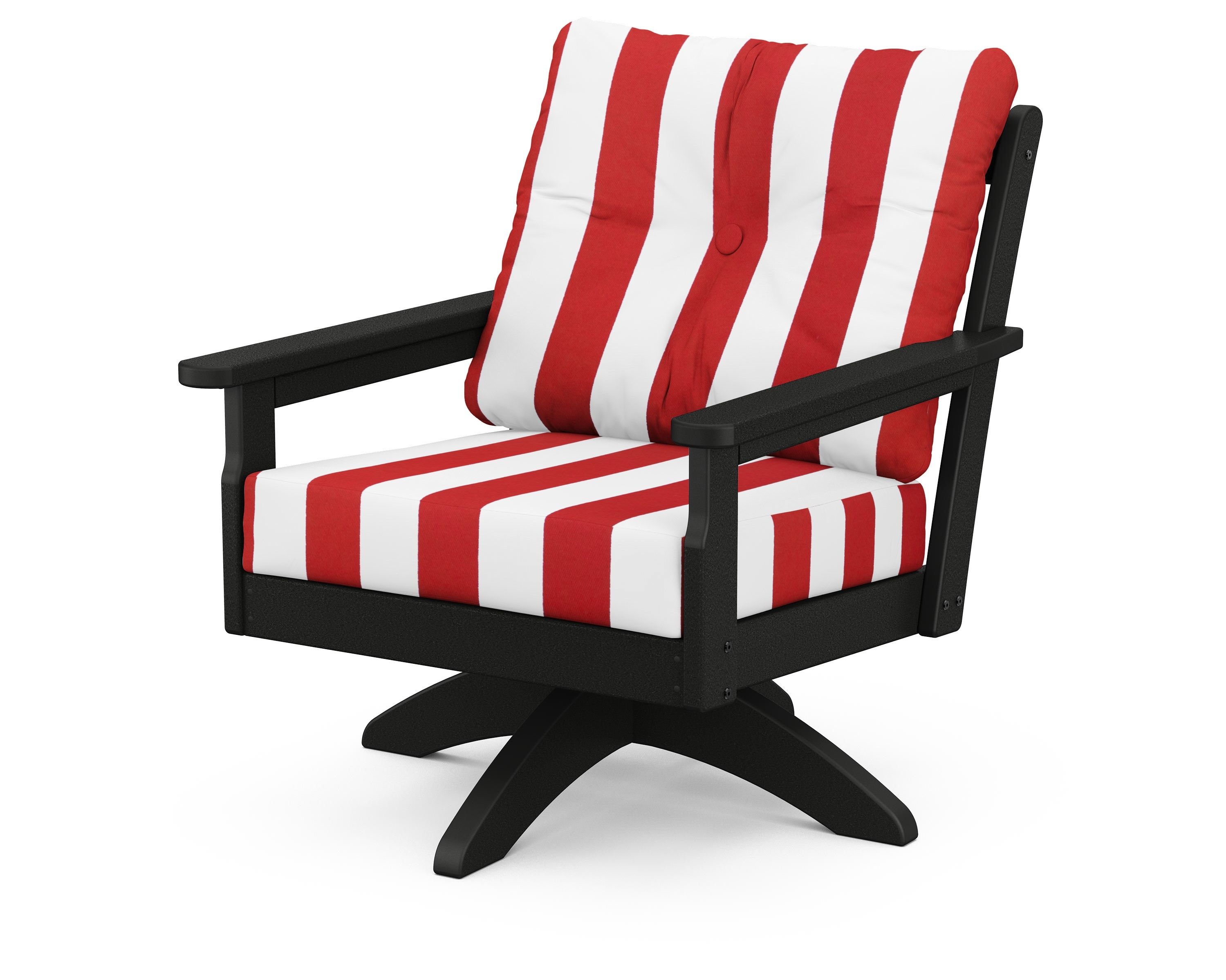 POLYWOOD® Vineyard Deep Seating Swivel Chair in Black / Cabana Stripe Crimson