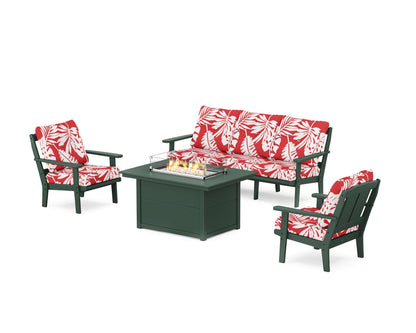 POLYWOOD® Mission Deep Seating Fire Pit Table Set in Green / Leaf Crimson