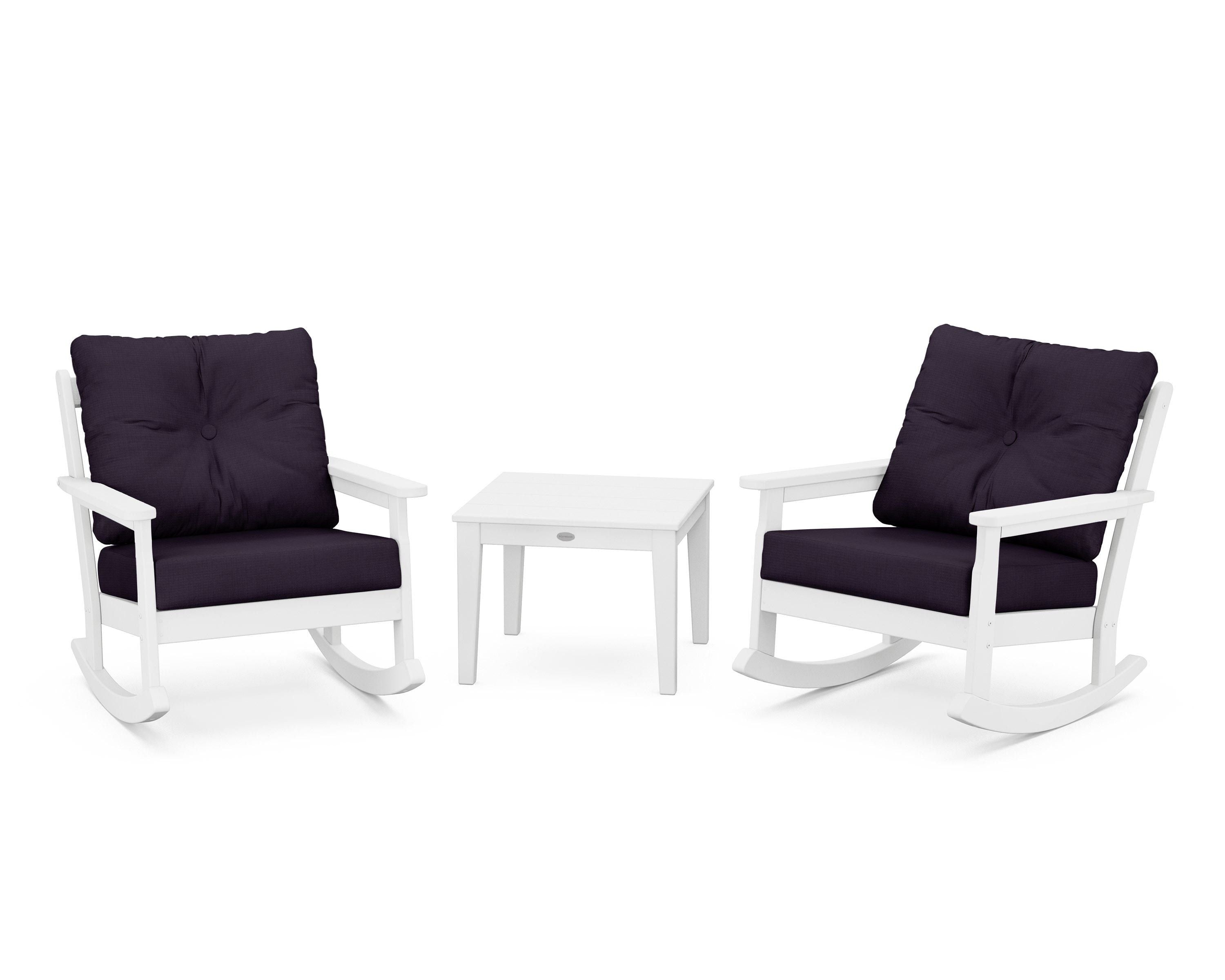 POLYWOOD® Vineyard 3-Piece Deep Seating Rocker Set in White / Navy Linen