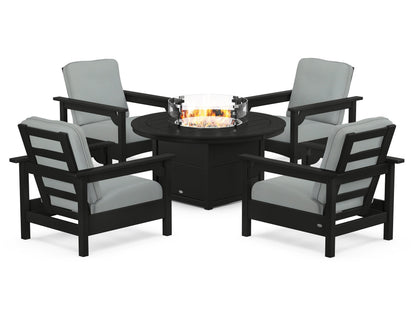POLYWOOD® Club 5-Piece Conversation Set with Fire Pit Table in Black / Spa