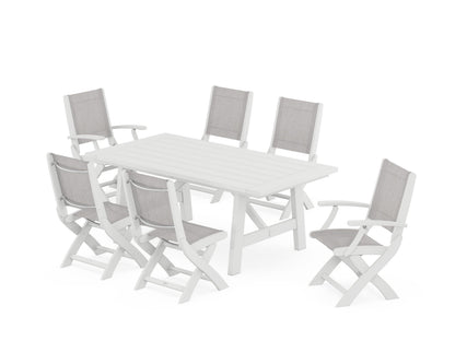 POLYWOOD® Coastal Folding Chair 7-Piece Rustic Farmhouse Dining Set in White / Parchment Sling