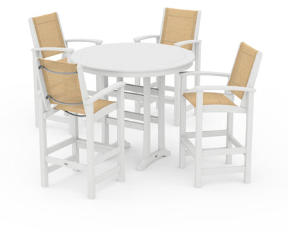 POLYWOOD® Coastal 5-Piece Nautical Trestle Bar Set in White / Dupioni Apricot Sling