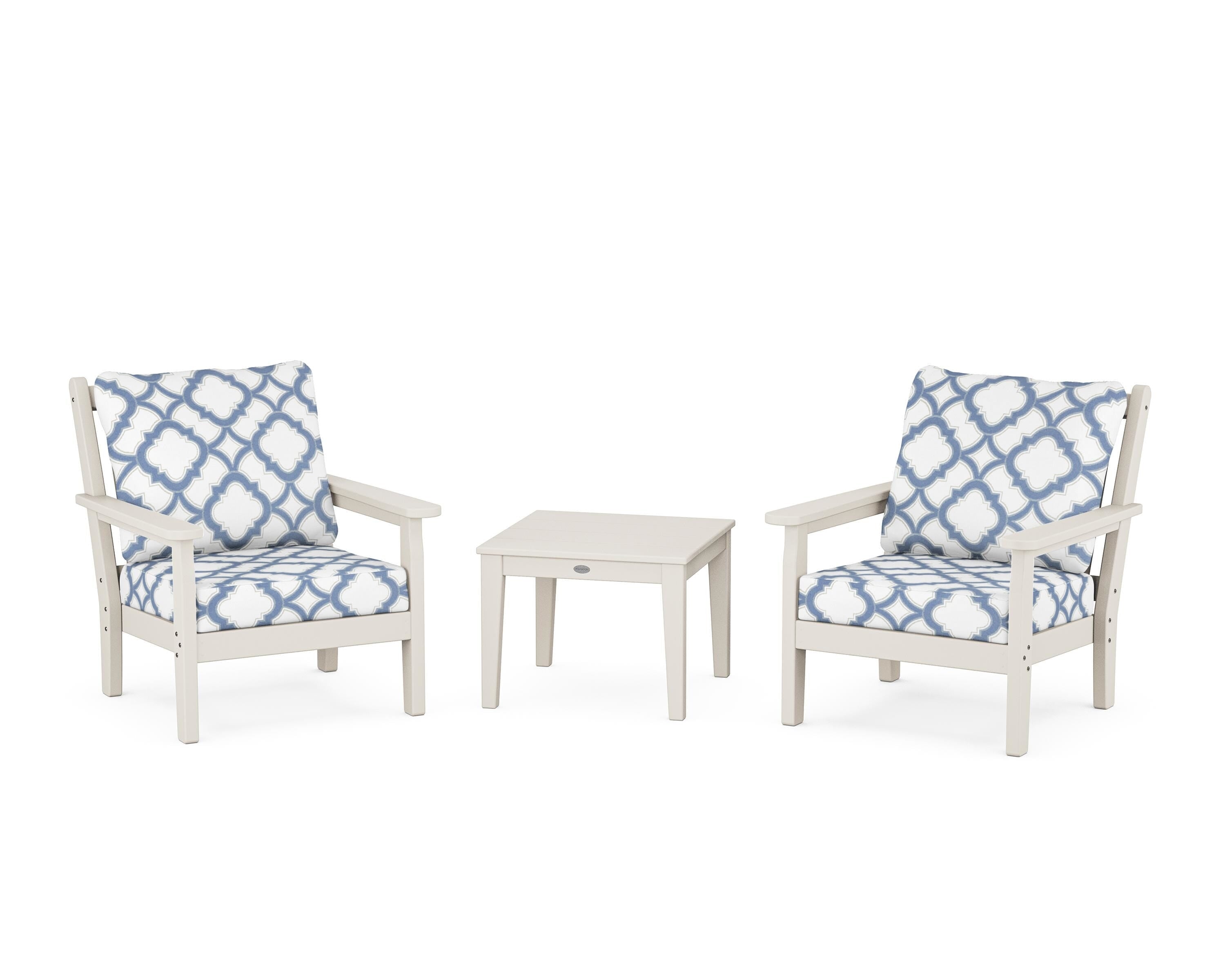 POLYWOOD® Chippendale 3-Piece Deep Seating Set in Sand / Trellis Sky Blue