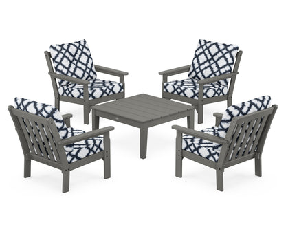 POLYWOOD® Vineyard 5-Piece Deep Seating Conversation Set in Slate Grey / Trellis Marine Indigo