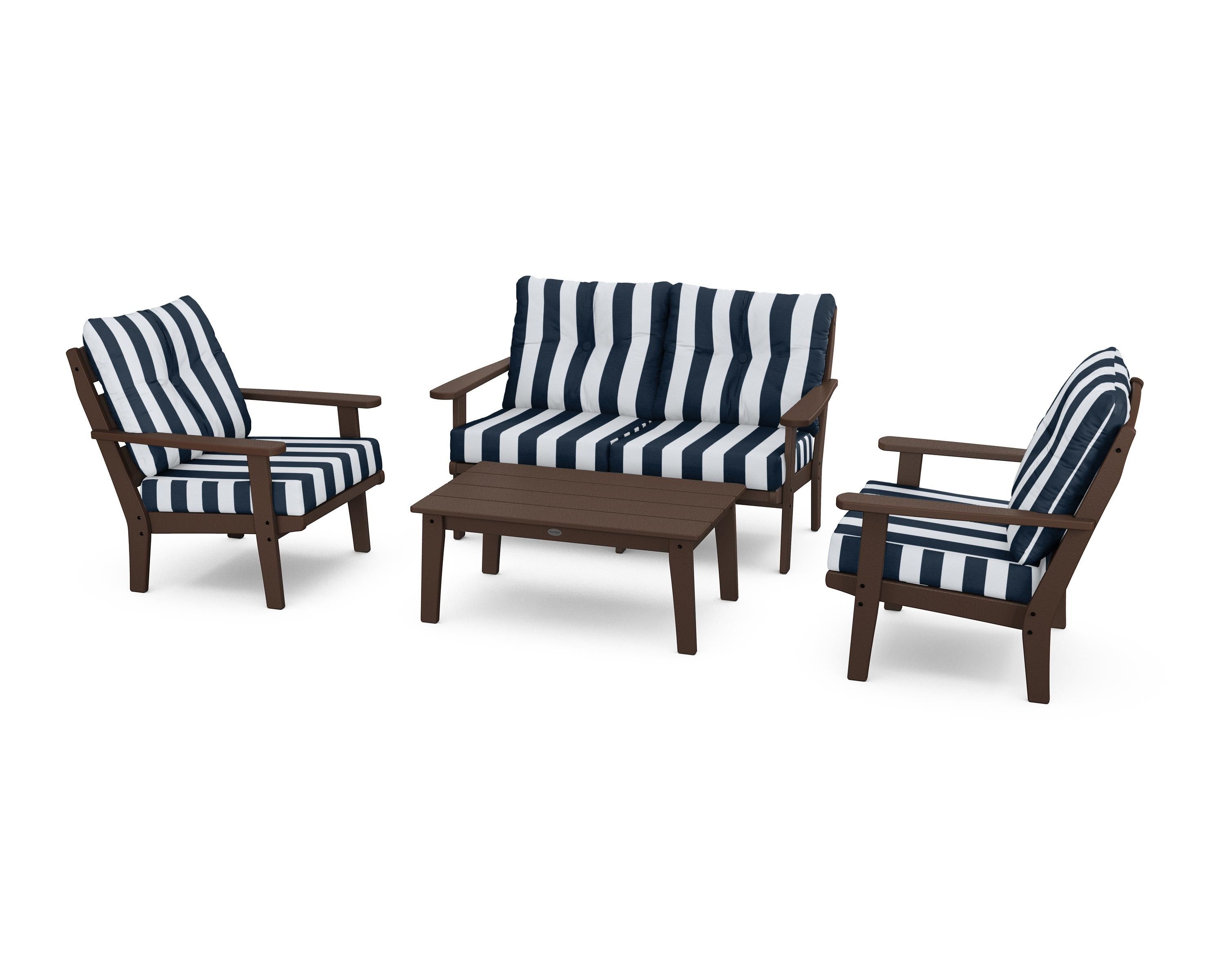 POLYWOOD® Lakeside 4-Piece Deep Seating Set in Mahogany / Cabana Stripe Marine Indigo