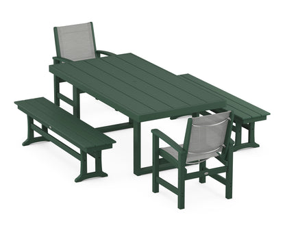 POLYWOOD® Coastal 5-Piece Dining Set with Trestle Legs in Green / Metallic Sling
