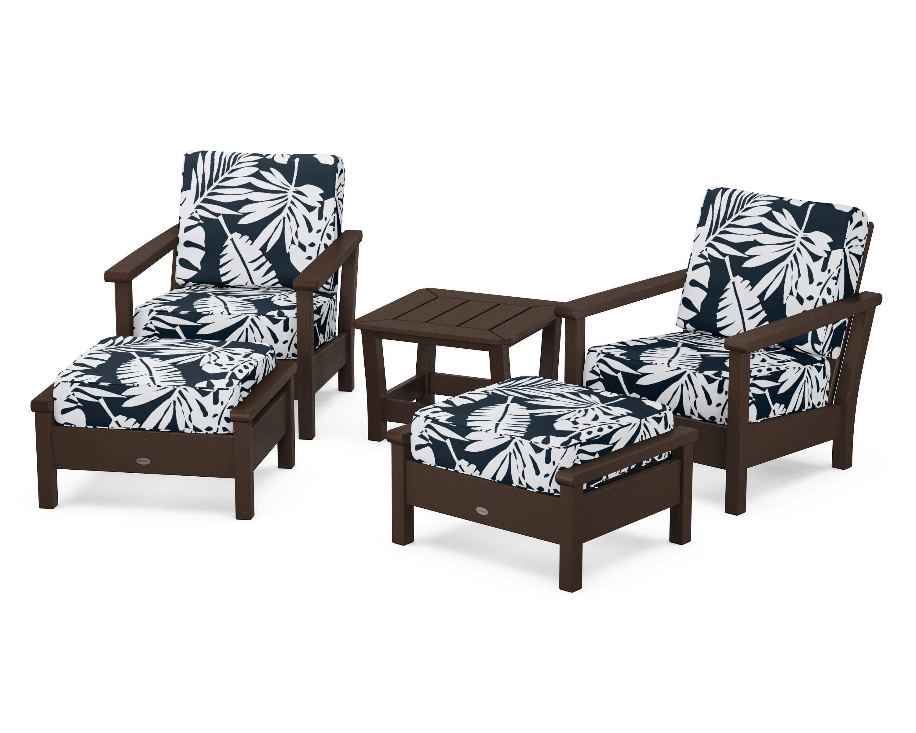 POLYWOOD® Harbour 5-Piece Deep Seating Chair Set in Mahogany / Leaf Marine Indigo