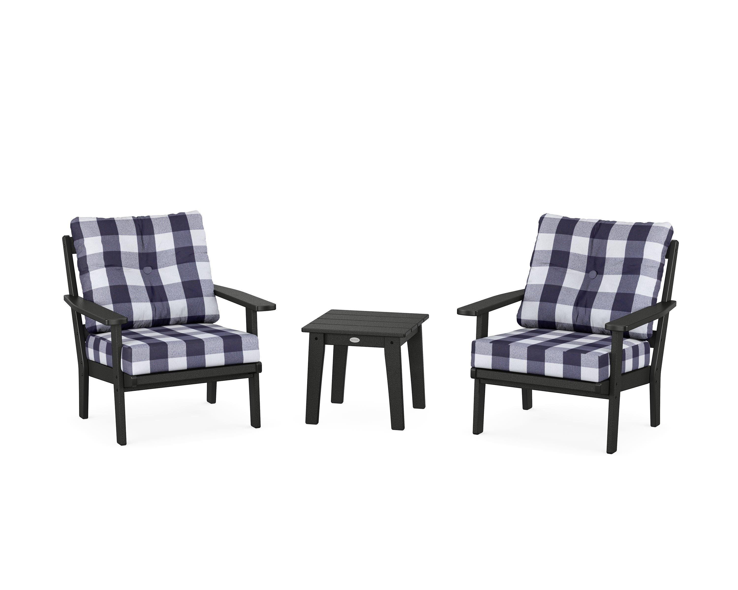 POLYWOOD® Prairie 3-Piece Deep Seating Set in Black / Buffalo Plaid Navy