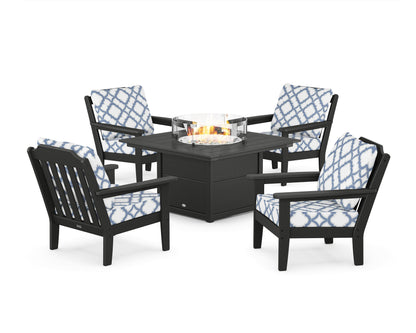 Country Living Cottage 5-Piece Deep Seating Set with Fire Pit Table in Black / Trellis Sky Blue