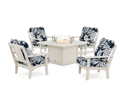 POLYWOOD® Prairie 5-Piece Deep Seating Set with Fire Pit Table in Sand / Leaf Marine Indigo