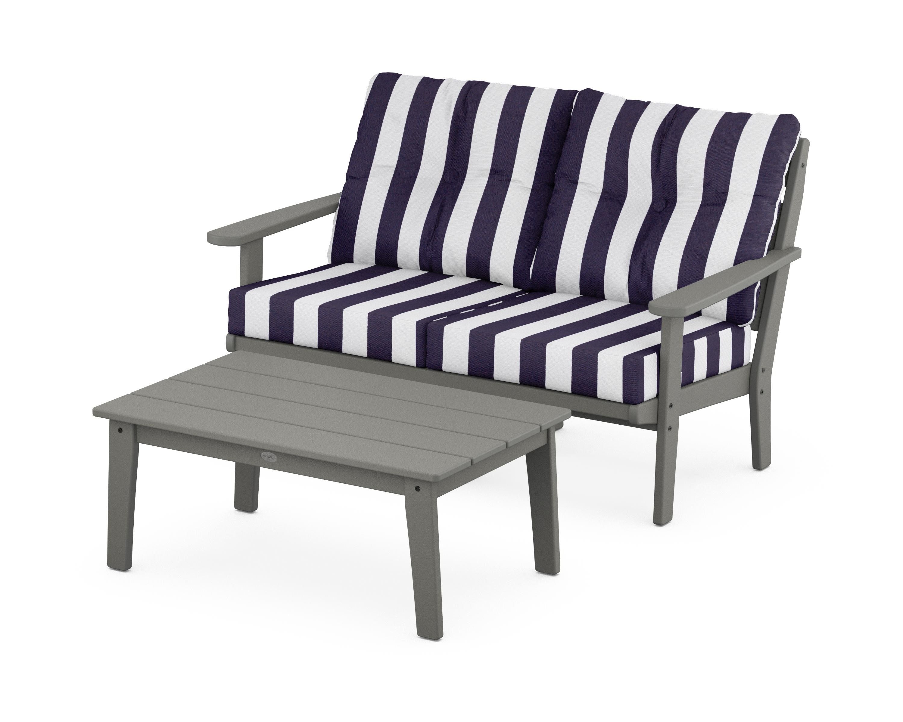 POLYWOOD® Lakeside 2-Piece Lounge Loveseat Set in Slate Grey / Cabana Stripe Navy