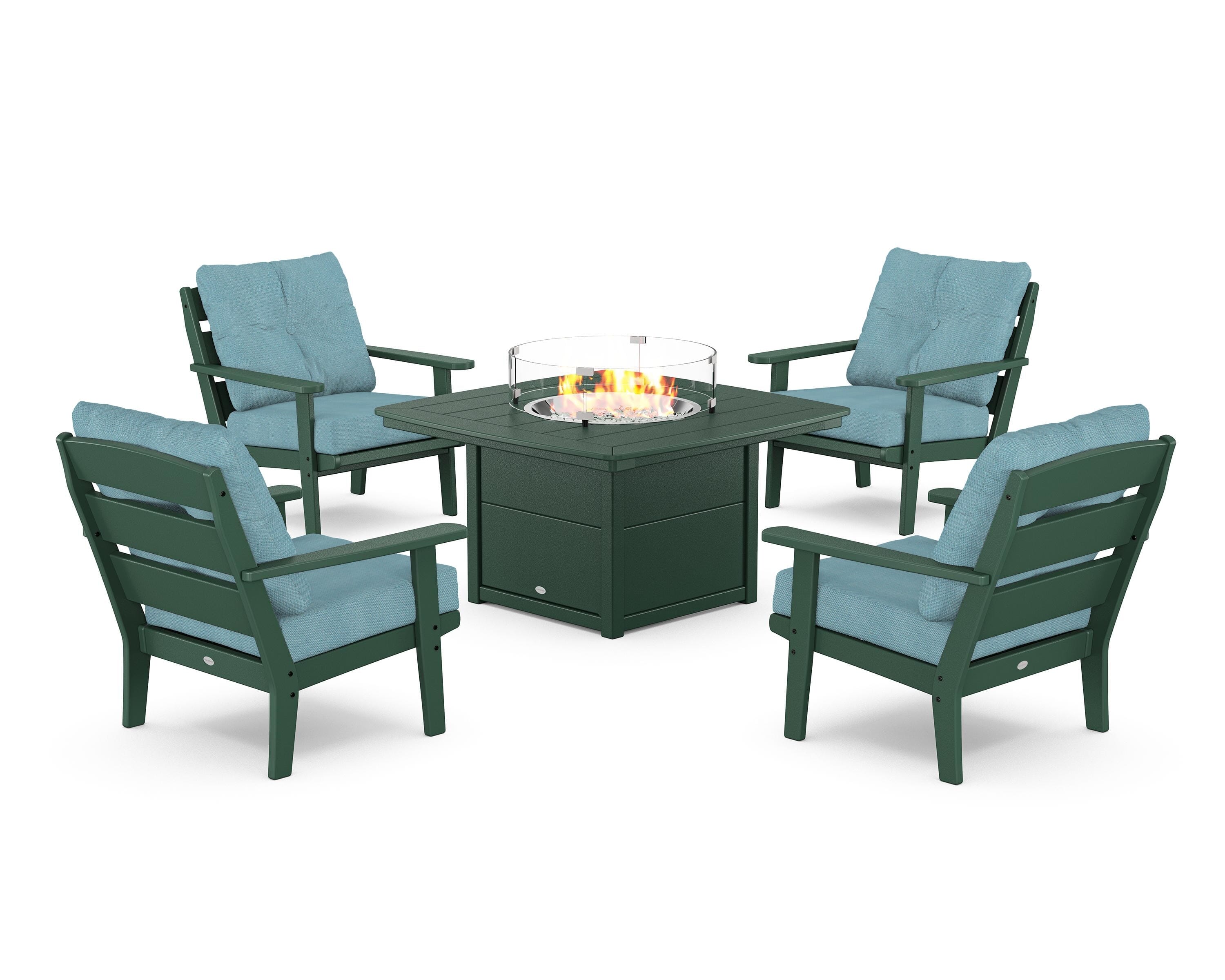 POLYWOOD® Lakeside 5-Piece Deep Seating Set with Nautical Fire Pit Table in Green / Lattice Sky Blue