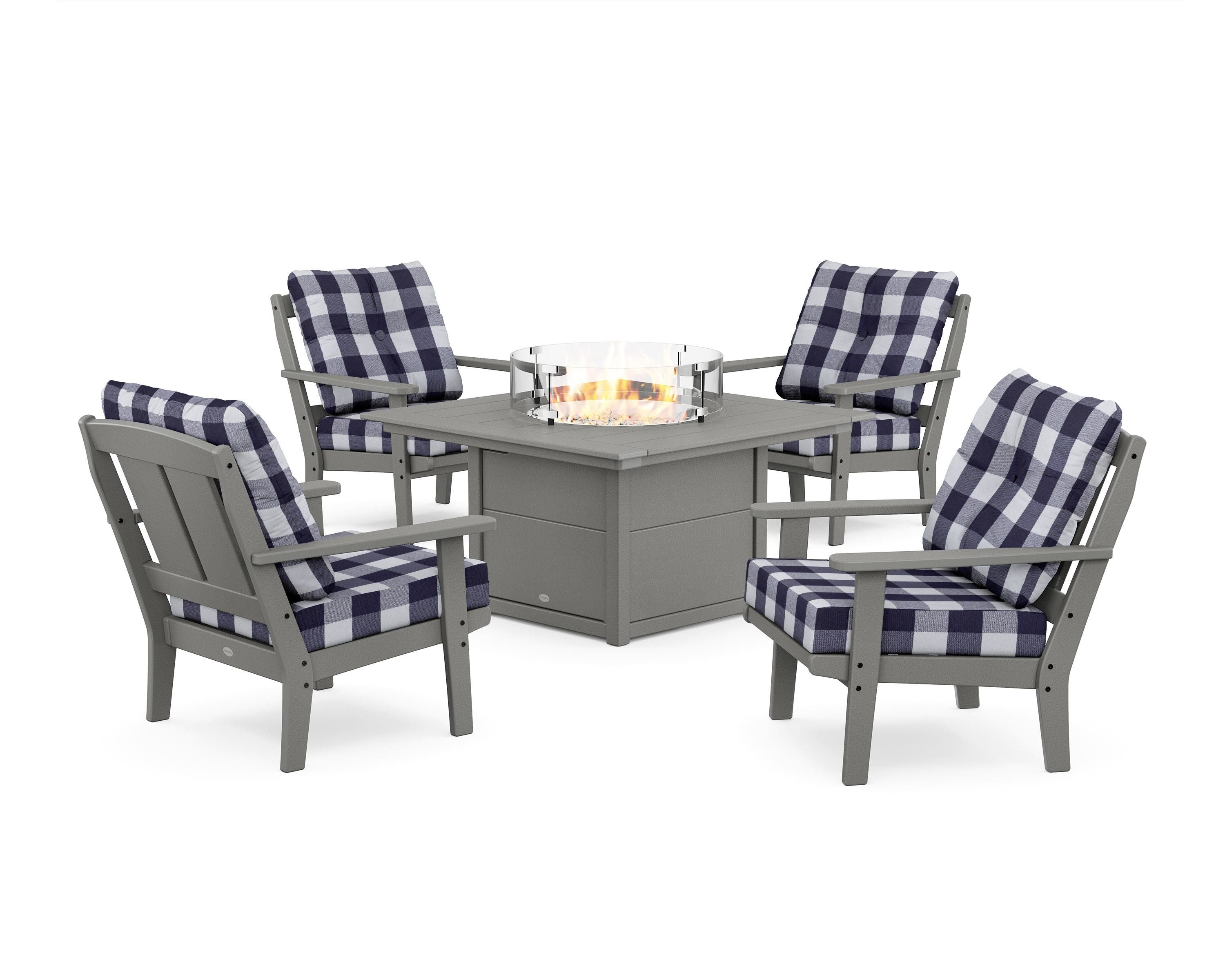 POLYWOOD® Mission 5-Piece Deep Seating Set with Fire Pit Table in Slate Grey / Buffalo Plaid Navy