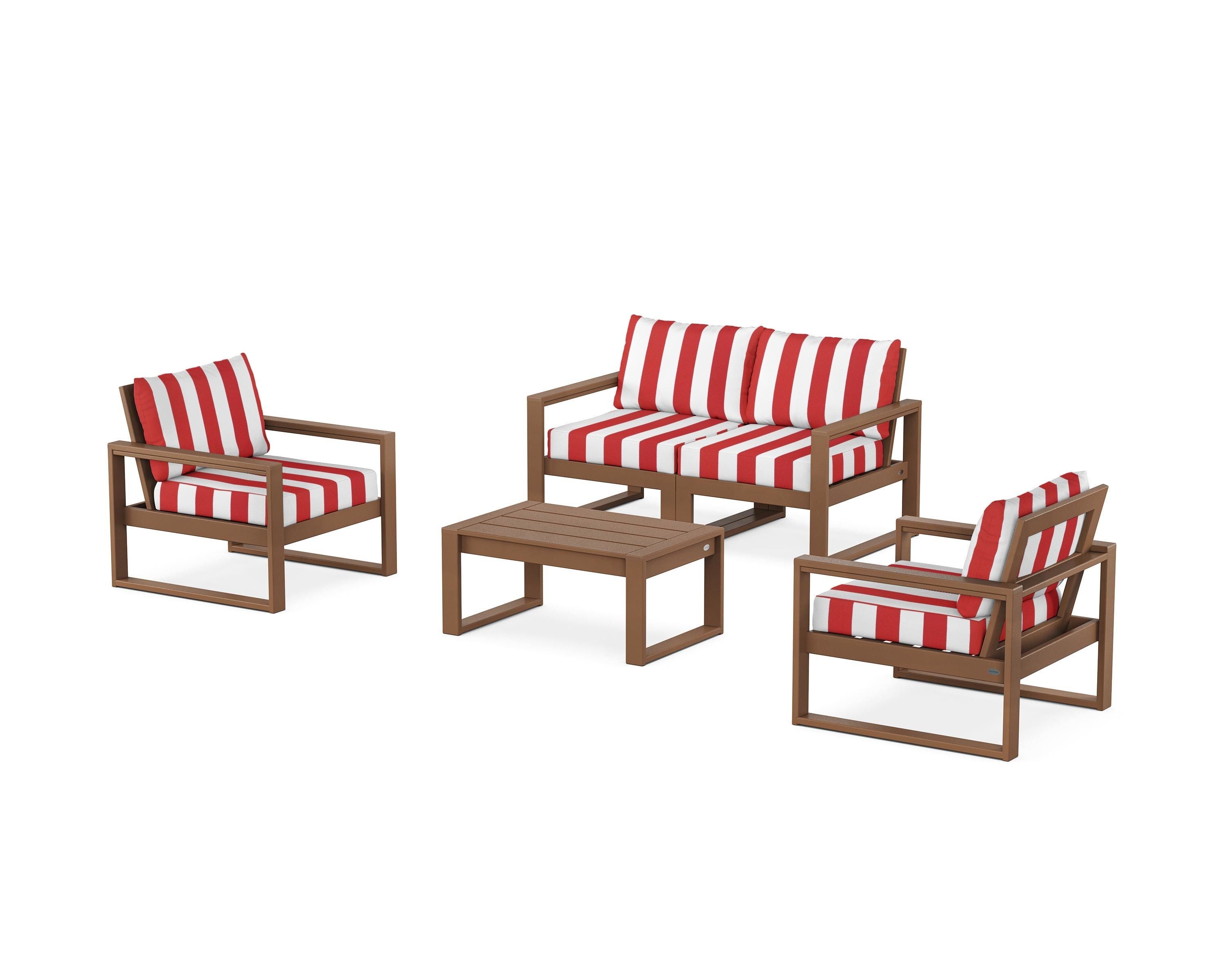 POLYWOOD® EDGE Sectional 4-Piece Deep Seating Set with Loveseat in Teak / Cabana Stripe Crimson