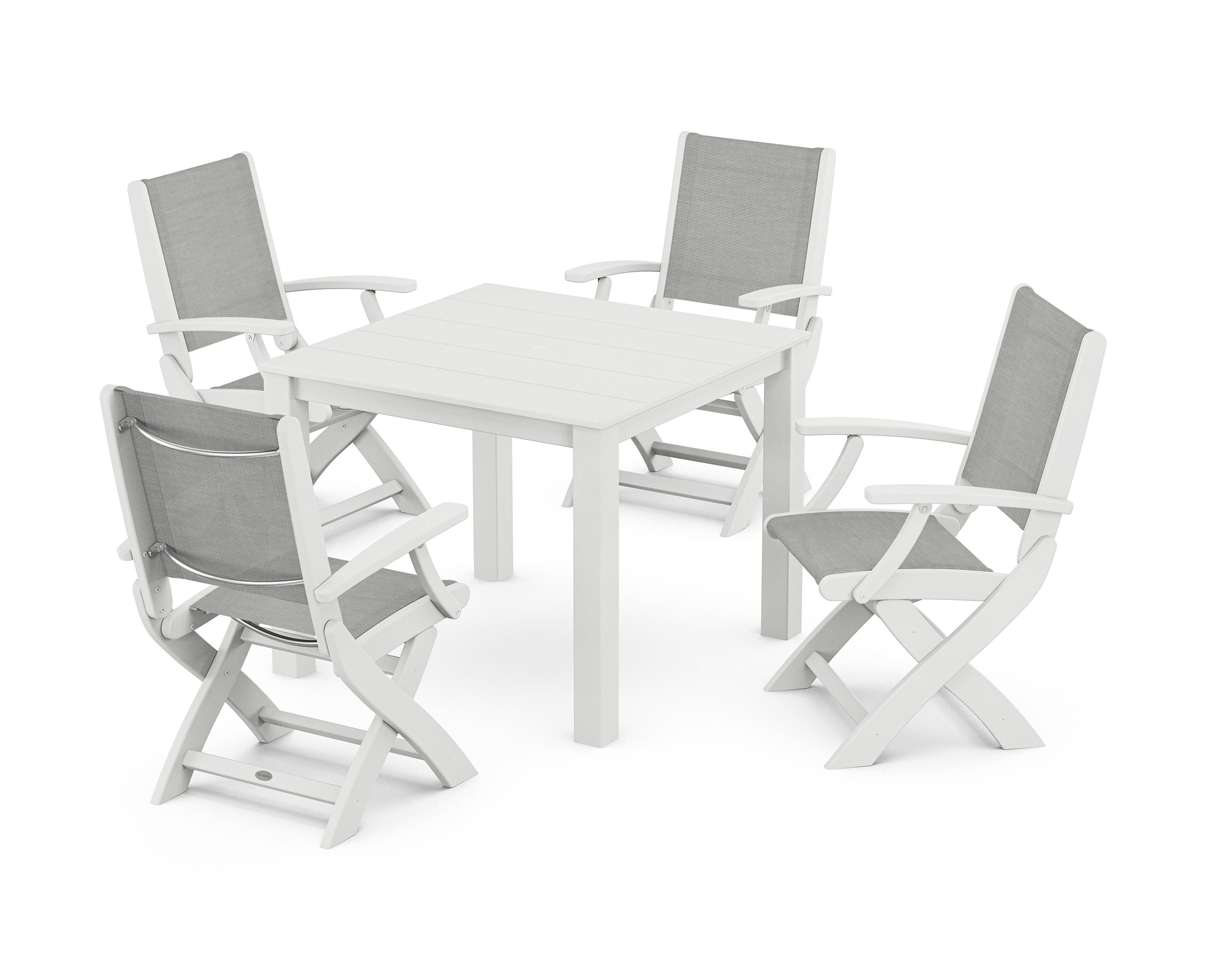 POLYWOOD® Coastal Folding Chair 5-Piece Parsons Dining Set in White / Metallic Sling