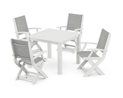 POLYWOOD® Coastal Folding Chair 5-Piece Parsons Dining Set in White / Metallic Sling