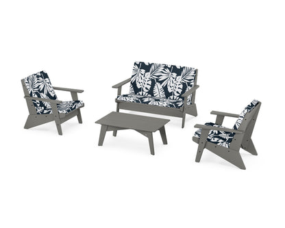 POLYWOOD® Riviera Modern Lounge 4-Piece Set in Slate Grey / Leaf Marine Indigo