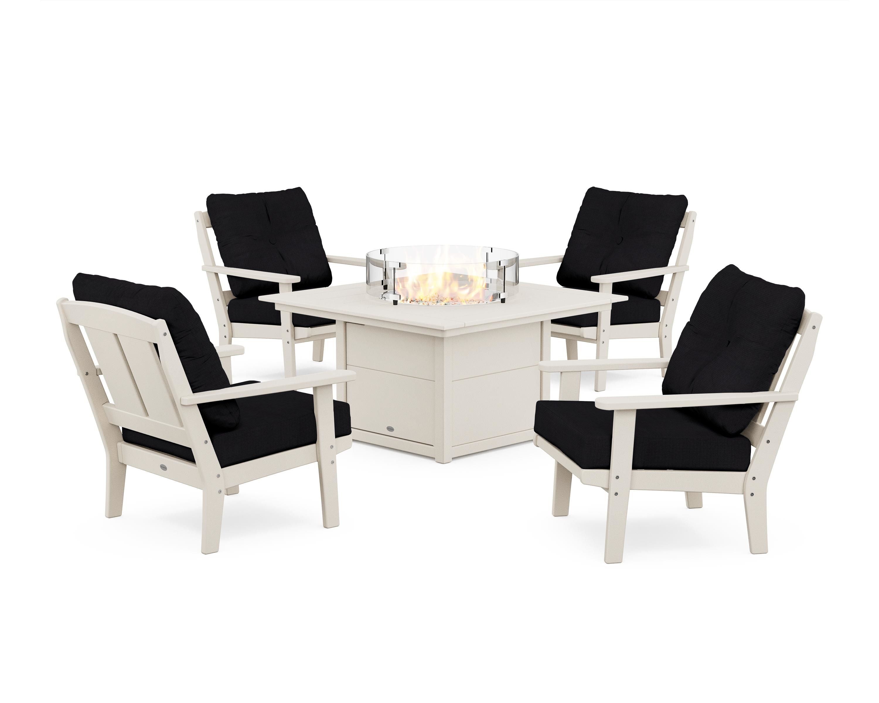 POLYWOOD® Mission 5-Piece Deep Seating Set with Fire Pit Table in Sand / Midnight Linen