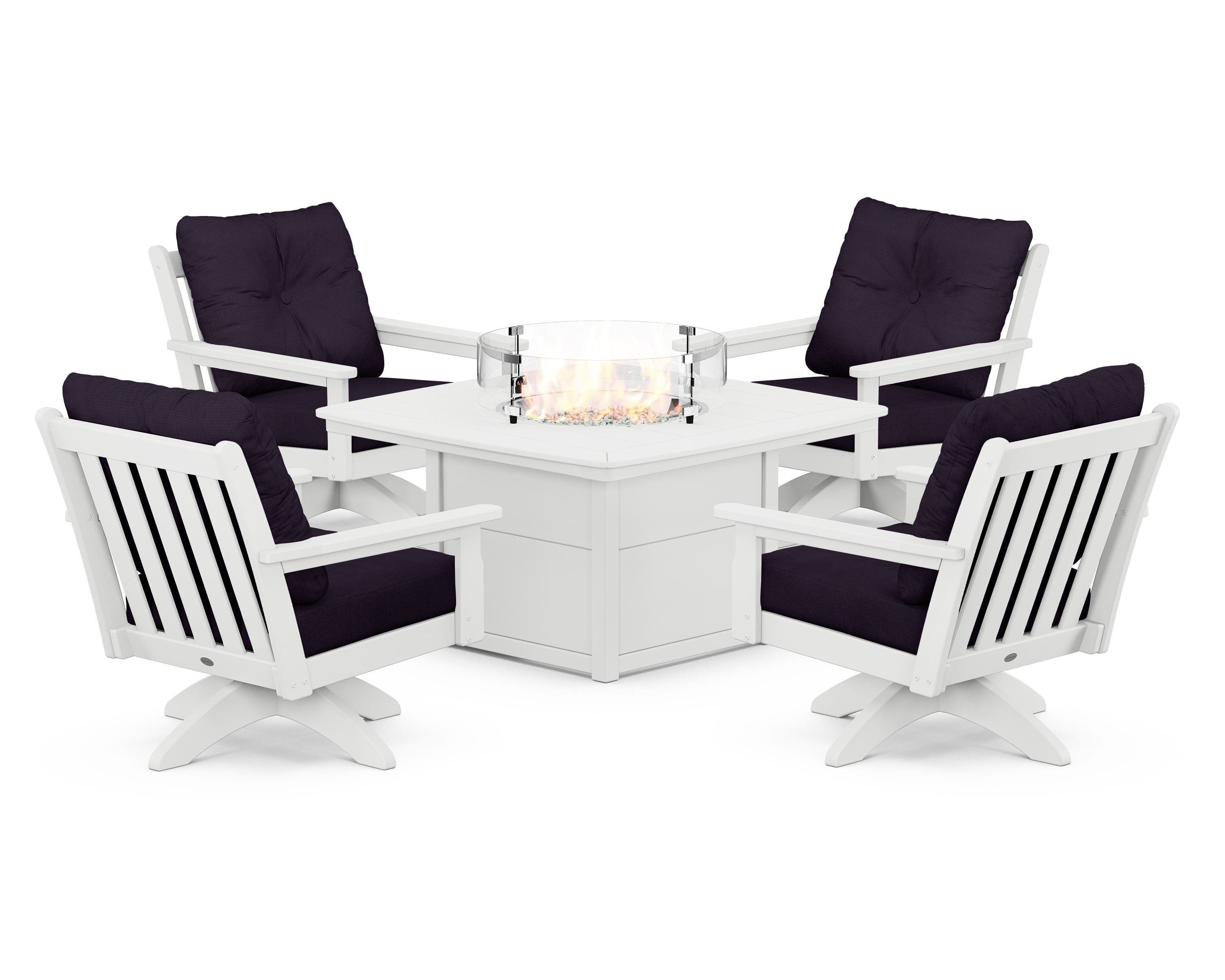 POLYWOOD® Vineyard 5-Piece Deep Seating Swivel Conversation Set with Fire Pit Table in White / Navy Linen