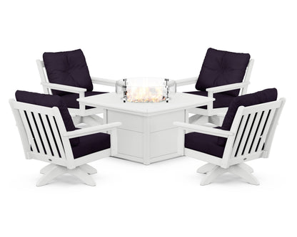 POLYWOOD® Vineyard 5-Piece Deep Seating Swivel Conversation Set with Fire Pit Table in White / Navy Linen