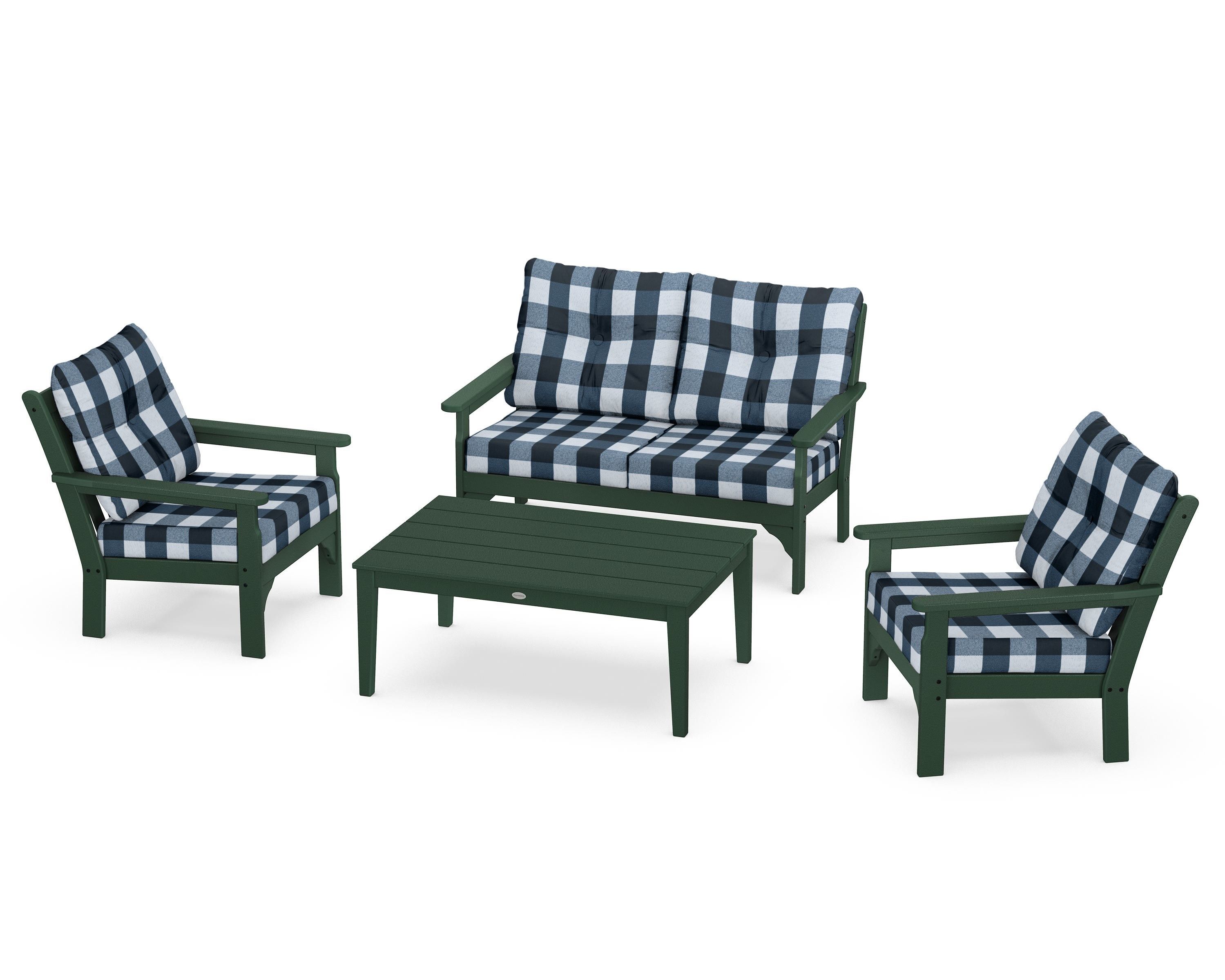 POLYWOOD® Vineyard 4-Piece Deep Seating Set in Green / Buffalo Plaid Marine Indigo