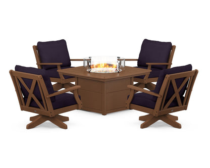 POLYWOOD® Braxton 5-Piece Deep Seating Swivel Conversation Set with Fire Pit Table in Teak / Navy Linen