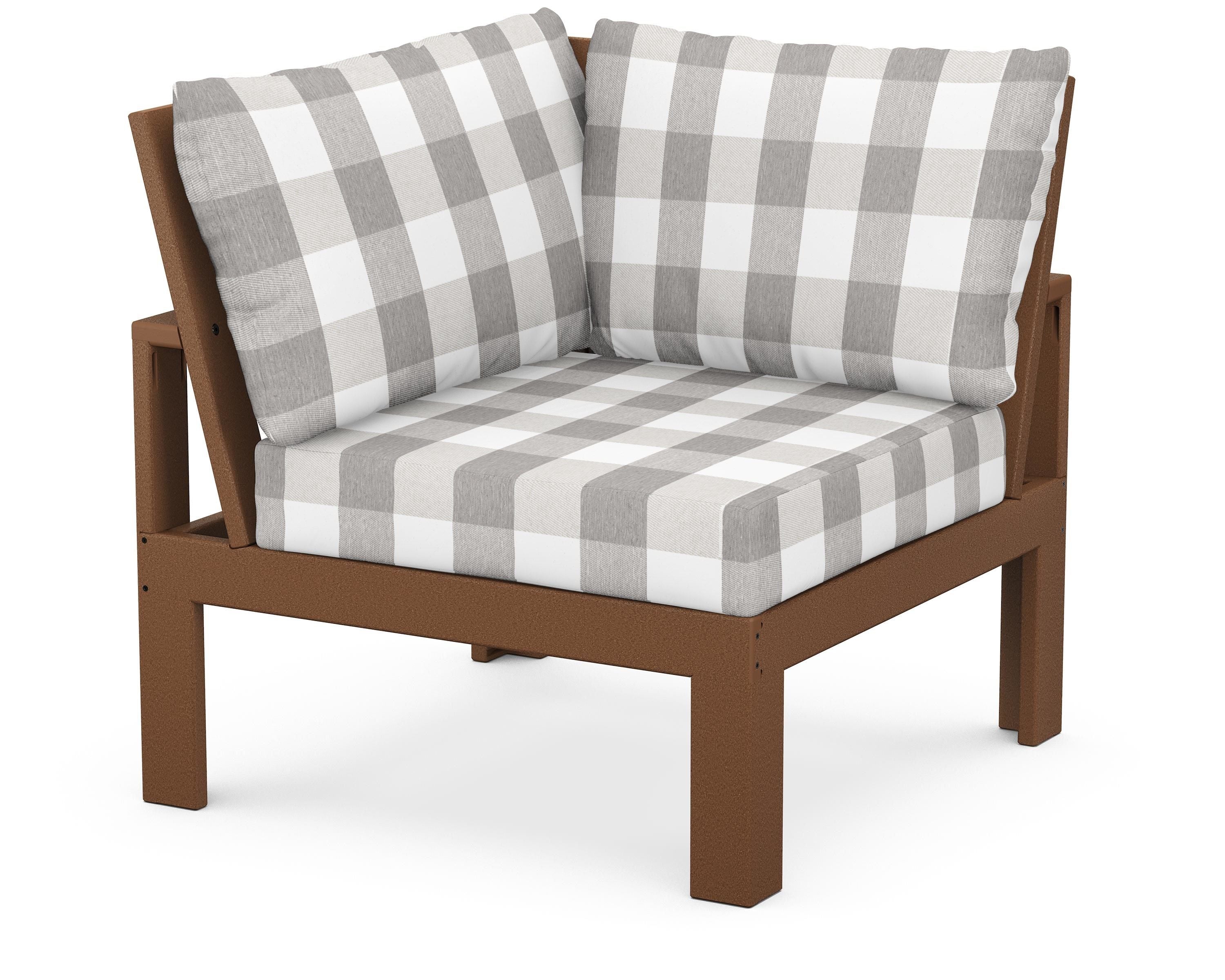 Unbranded Modular Corner Chair in Teak / Buffalo Plaid Grey Mist