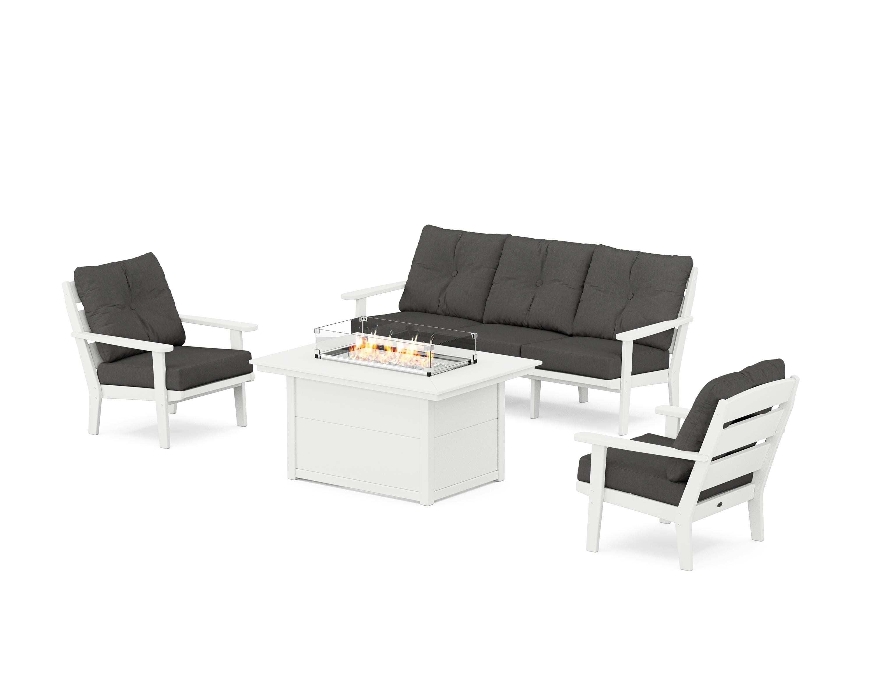 POLYWOOD® Lakeside Deep Seating Fire Pit Table Set in White / Spectrum Carbon
