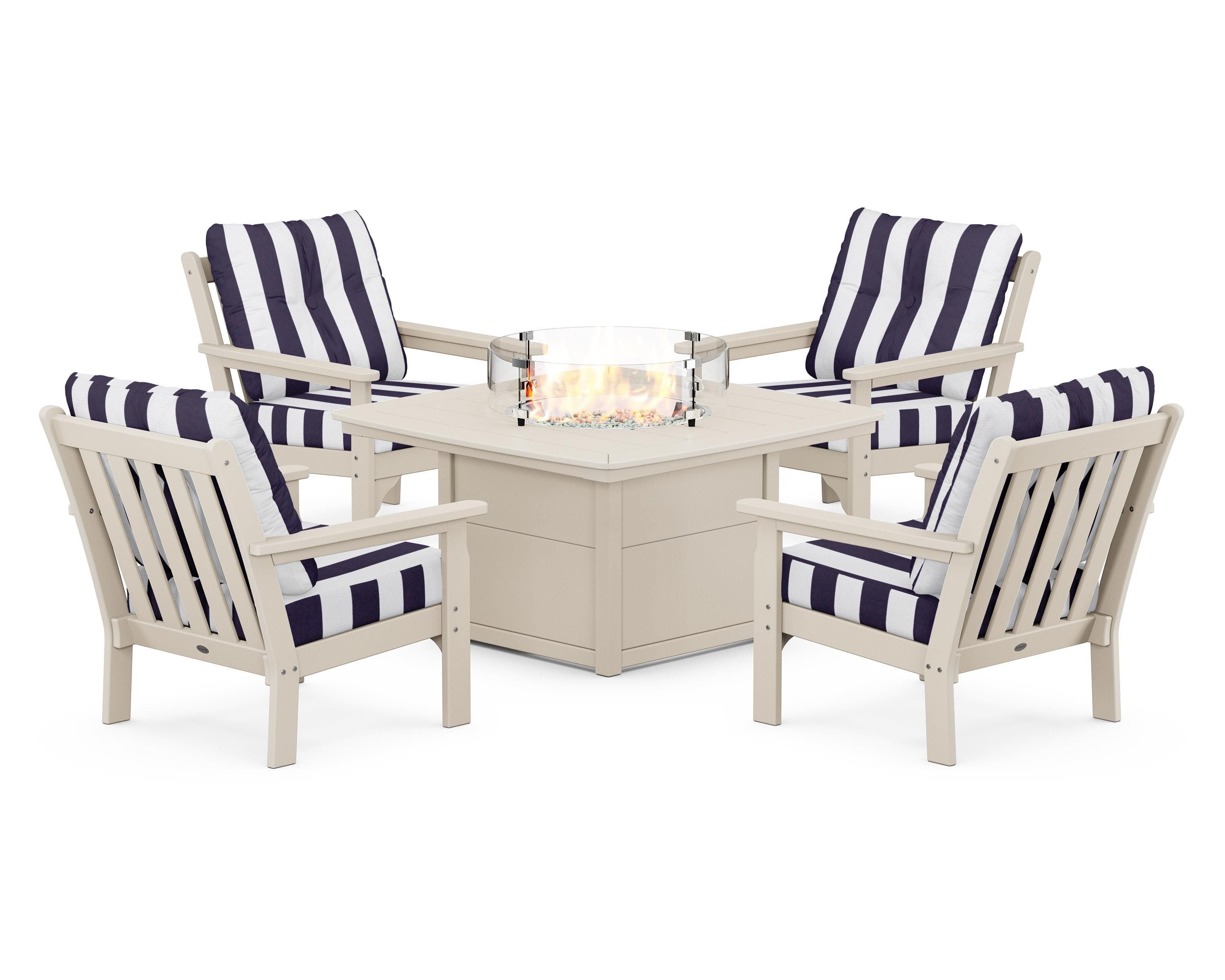 POLYWOOD® Vineyard 5-Piece Conversation Set with Fire Pit Table in Sand / Cabana Stripe Navy
