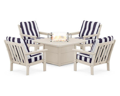 POLYWOOD® Vineyard 5-Piece Conversation Set with Fire Pit Table in Sand / Cabana Stripe Navy