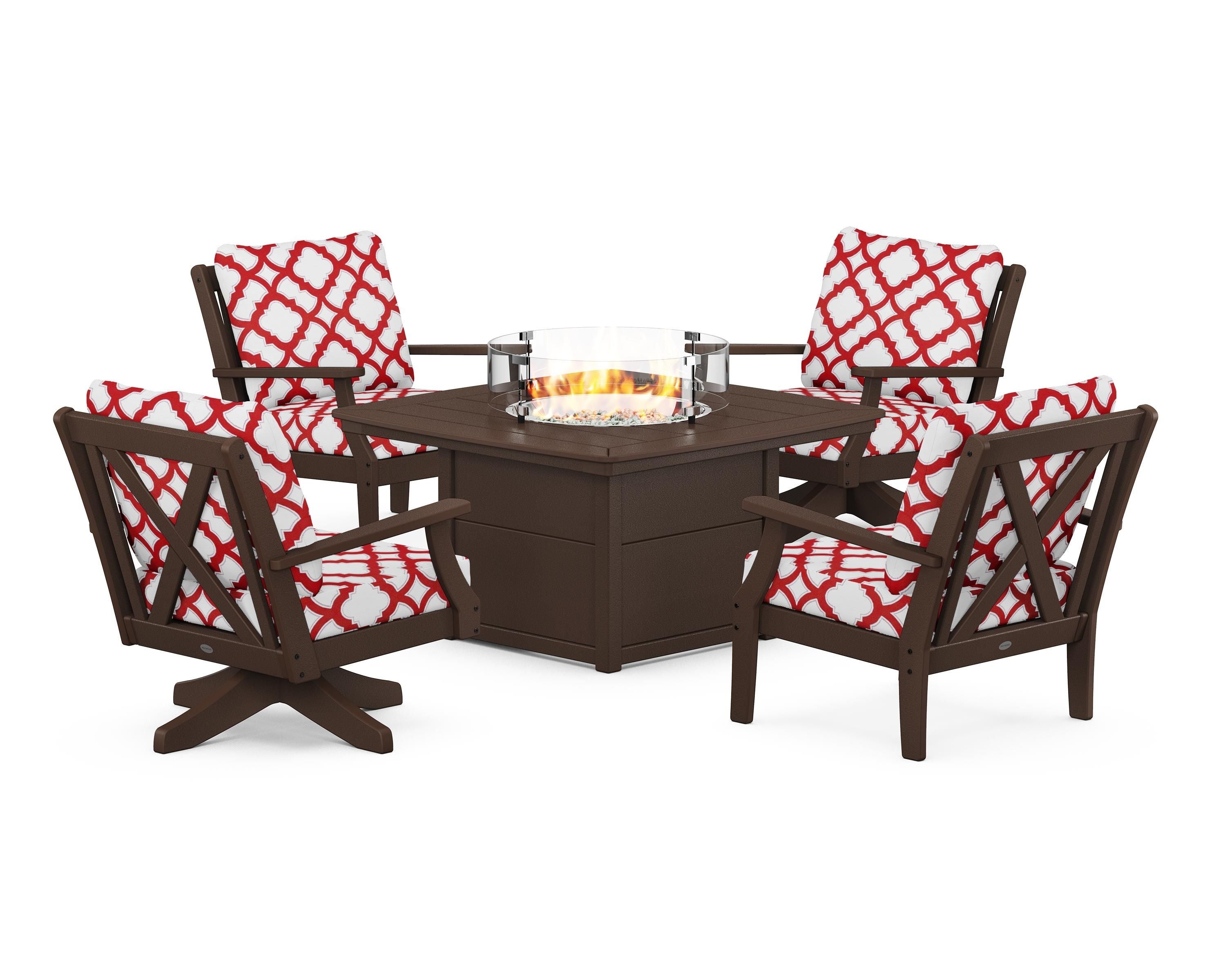 POLYWOOD® Braxton 5-Piece Deep Seating Set with Fire Table in Mahogany / Trellis Crimson