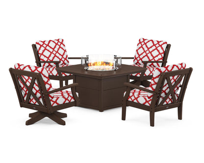 POLYWOOD® Braxton 5-Piece Deep Seating Set with Fire Table in Mahogany / Trellis Crimson