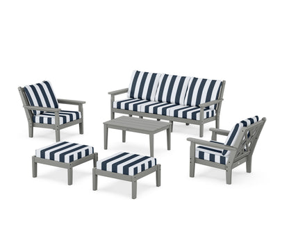 POLYWOOD® Chippendale 6-Piece Lounge Sofa Set in Slate Grey / Cabana Stripe Marine Indigo