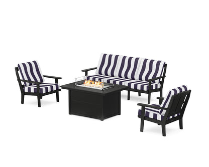POLYWOOD® Mission Deep Seating Fire Pit Table Set in Black / Cabana Stripe Navy