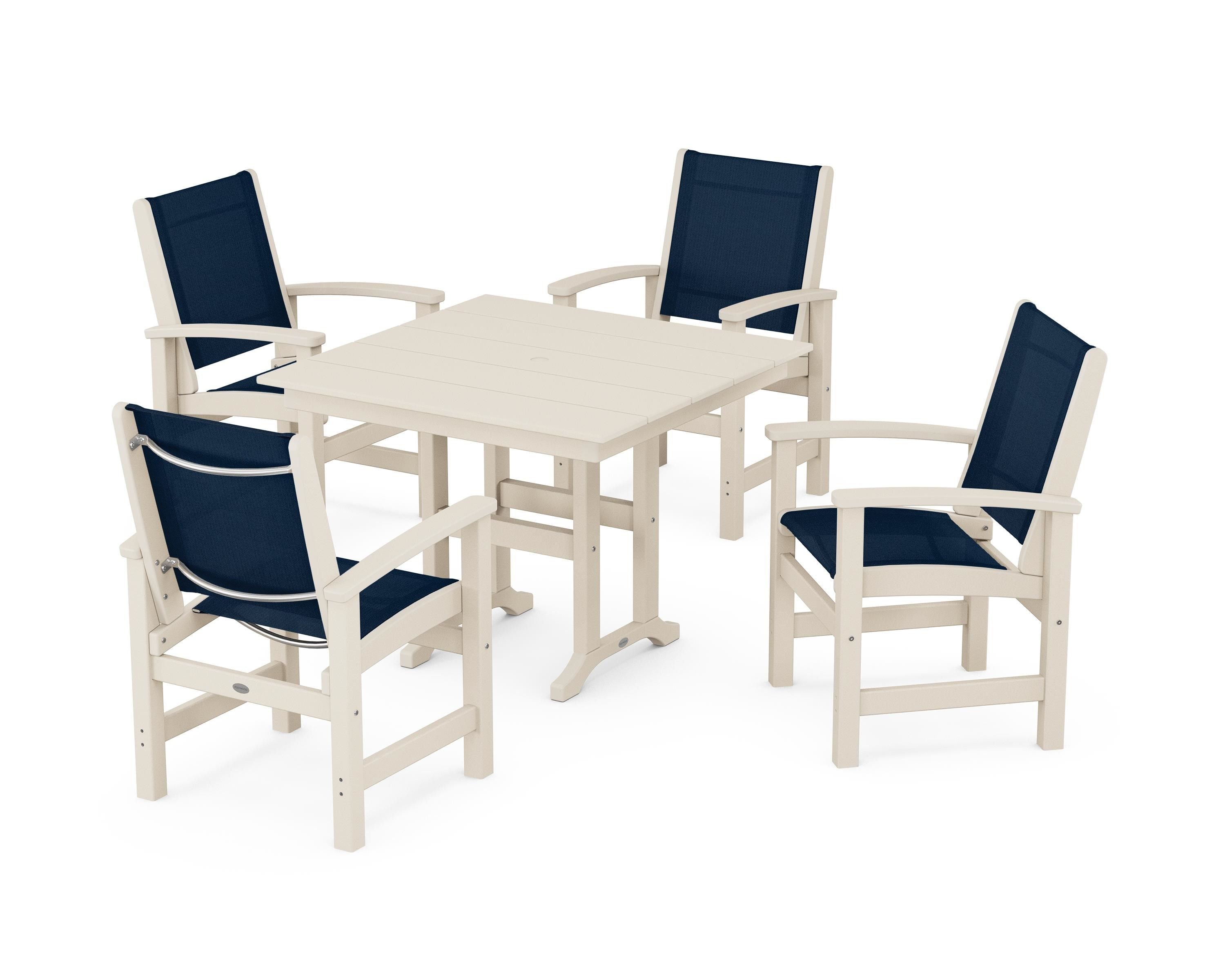 POLYWOOD® Coastal 5-Piece Farmhouse Dining Set in Sand / Navy Blue Sling