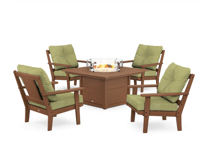 POLYWOOD® Prairie 5-Piece Deep Seating Set with Fire Pit Table in Teak / Chartreuse Boucle