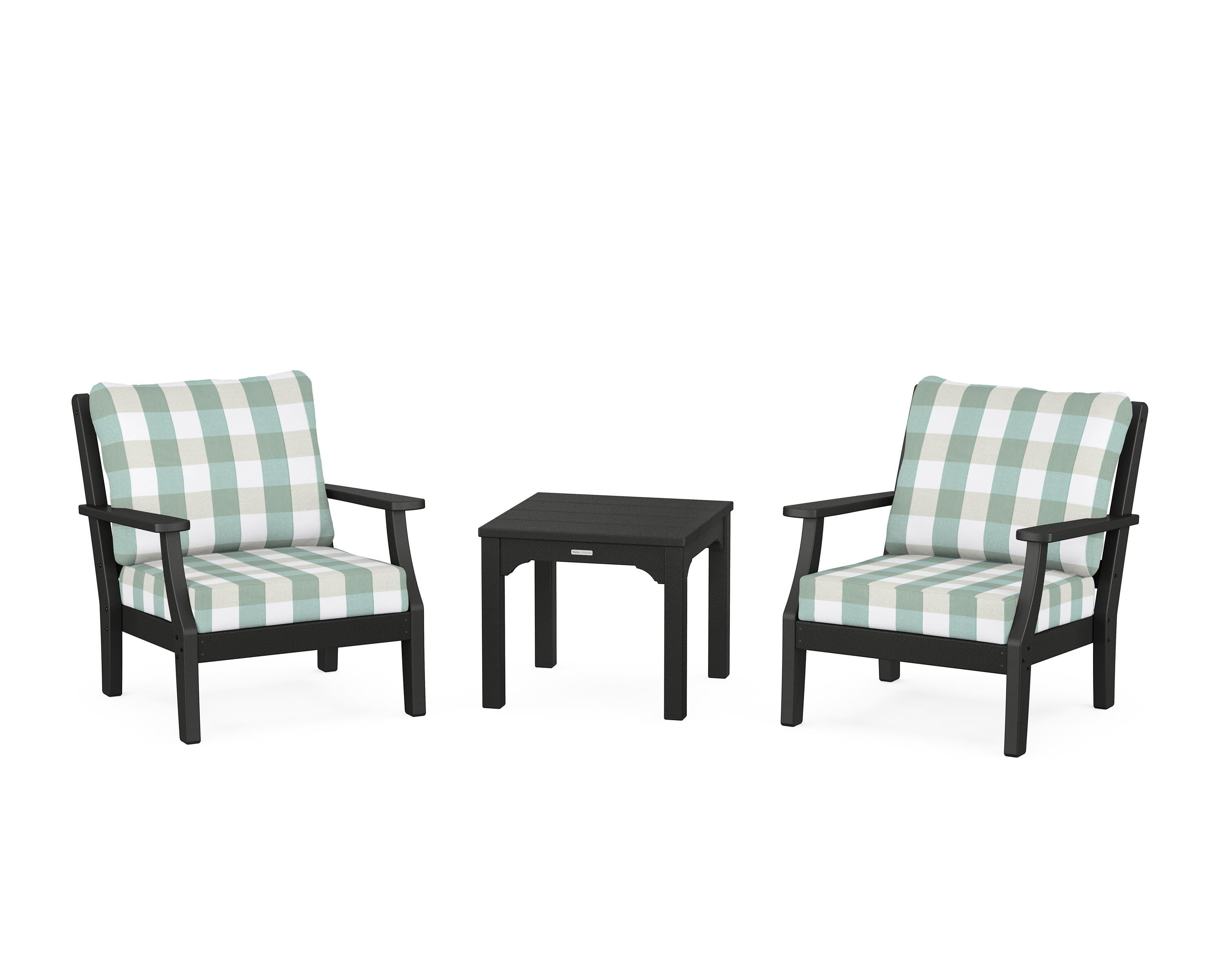 Martha Stewart by POLYWOOD® Chinoiserie 3-Piece Deep Seating Set in Black / Buffalo Plaid Glacier Spa